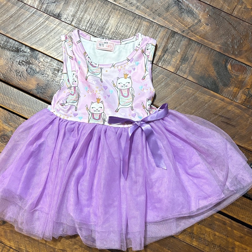 Purple Cat Print Kids Casual Dress